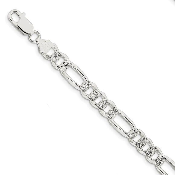 Mens 8mm Sterling Silver Solid Flat Pave Figaro Chain Bracelet 8 Inch